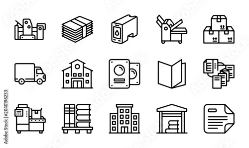 Konstfotografi Printing Press Icons, Stacked Paper, Ink Cartridge, Delivery Truck, Warehouse, B