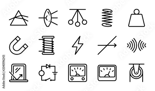 Fotografía Physics Icons Set: Science, Electricity, Magnetism, Optics, Mechanics Symbols