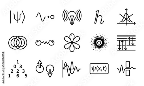 Cuadro en lienzo Quantum Physics Icons, Science Symbols, Wave Function, Energy Levels, Light Bulb