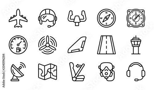 Tableau sur toile Aviation Icons Set: Aircraft, Cockpit Instruments, Navigation Tools, Air Traffic