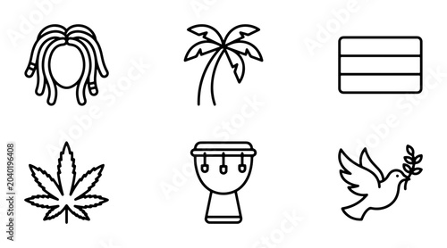 Foto Rastafarian Icons: Dreadlocks, Palm Tree, Flag, Cannabis Leaf, Drum, Dove