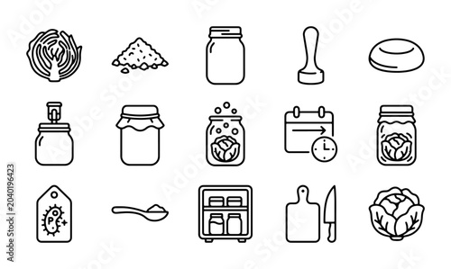 Fotografía Fermentation Icons Set: Food Preservation, Probiotics, Kitchen Tools, Cabbage, J