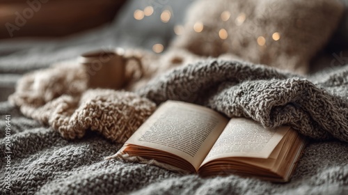 Cozy Winter Evening: Open Book, Warm Blanket, and Hot Drink on Bed with Fairy Lights