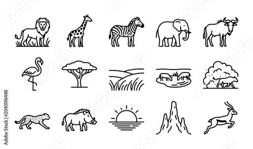 Photography African Safari Icons Set: Wildlife, Landscape, and Nature Line Art Collection