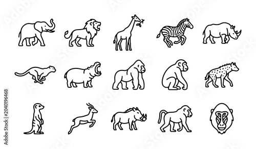 Photography African Wildlife Icons Set, Safari Animals Collection, Zoo Creatures Vector Grap