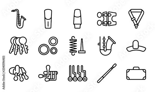 Photos Saxophone Parts Icons, Musical Instrument Accessories, Vector Graphics Set