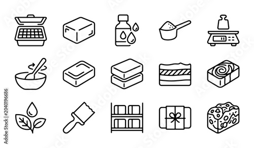 Fotografie Handmade Soap Making Icons: Ingredients, Tools, and Process Vector Set