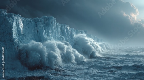 Crashing Waves Against a Towering Glacier Face in Moody Light