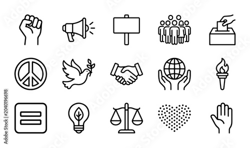 Obraz na plátně Social Justice Icons Set: Equality, Peace, Human Rights, Protest, Voting, Global