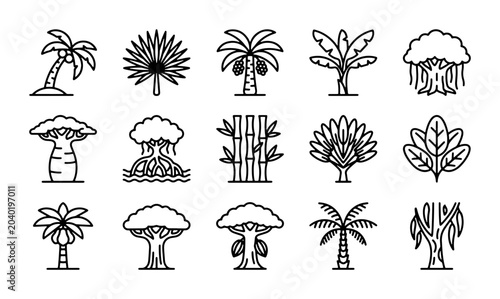 Photos Tropical Tree Icons, Exotic Plants Vector Set: Palm, Baobab, Bamboo, Jungle Flor