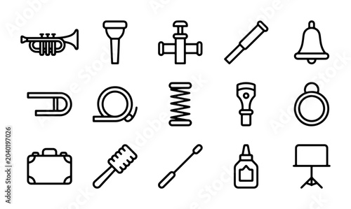 Tableau sur toile Brass Instrument Parts Icons, Trumpet Accessories Vector Set, Musical Equipment