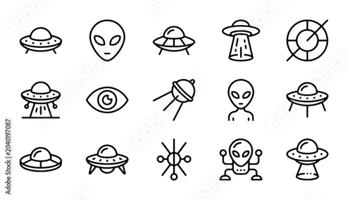 Alien UFO Icons, Extraterrestrial Symbols, Spacecraft Vector Graphics, Sci-Fi Elements