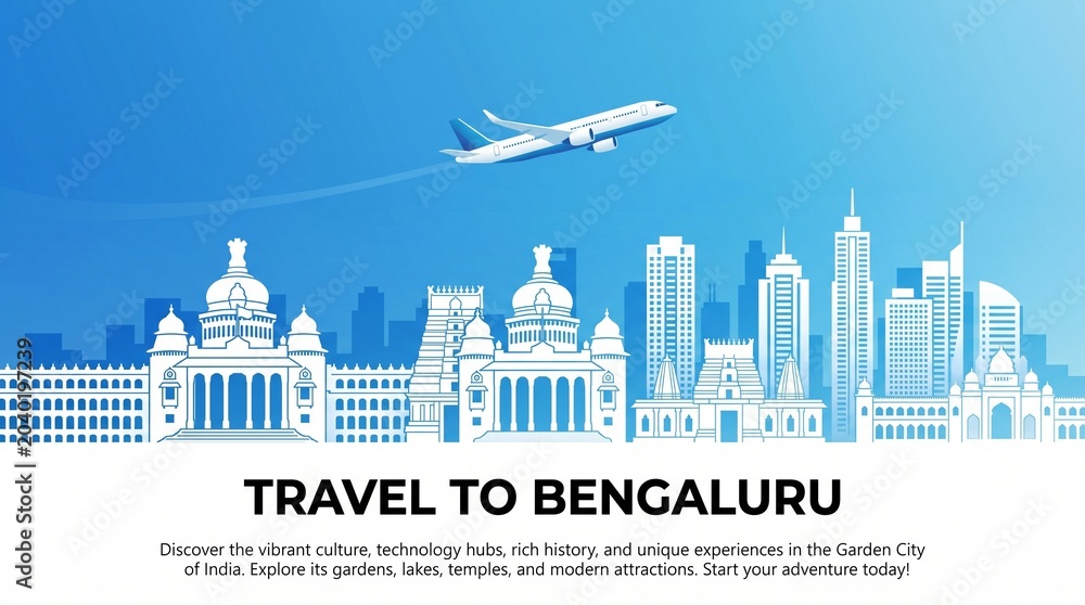 Obraz premium Travel advertising with travel to Bengaluru, India concept with panorama view of city skyline and world famous landmarks in paper cut style vector illustration.