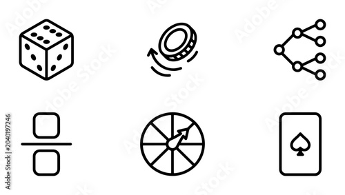 Photos Gambling Icons Set: Dice, Coin Flip, Decision Tree, Cards, Probability, Wheel of