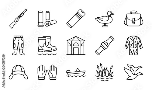 Bild auf Leinwand Hunting Icons Set: Duck, Shotgun, Gear, and Camouflage Vector Graphics for Outdo