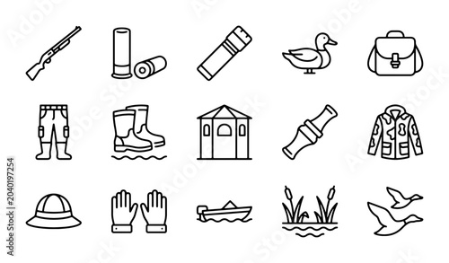 Bild auf Leinwand Hunting Icons Set: Duck, Shotgun, Gear, Boots, Blind, Vector Graphics for Outdoo