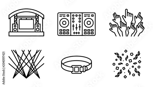 Bild auf Leinwand Music Event Icons: Stage, DJ Deck, Crowd Hands, Lights, Belt, Confetti Vector Se