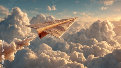 Paper Airplane Soaring Through Dreamy Clouds at Sunrise
