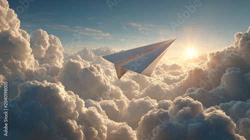 Paper airplane soaring through fluffy clouds at sunrise