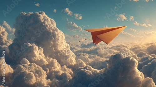 Orange paper airplane soaring above dramatic clouds at sunset
