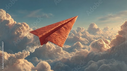 Orange Paper Airplane Soaring Through Dreamy Cloudscape