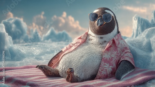 Penguin relaxing on ice floe wearing pink shirt and sunglasses