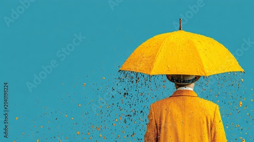 Man in Yellow Suit Holding Yellow Umbrella in Water Splashes Against Blue Sky