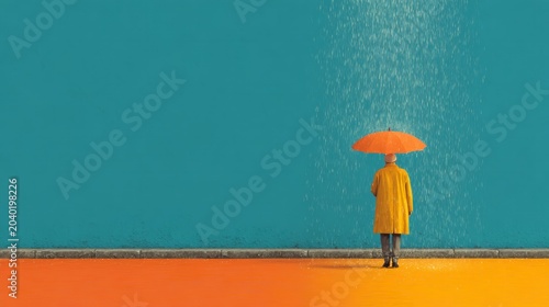 Person in Yellow Raincoat Holding Orange Umbrella Under Teal Sky with Rain