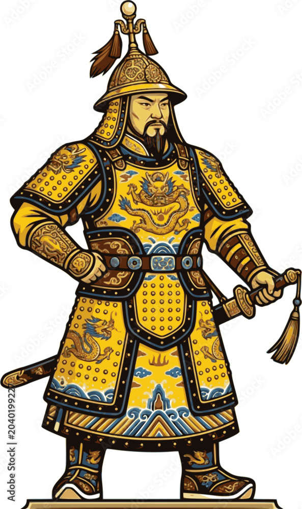 Obraz premium Historical Chinese Emperor vector, Qin Dynasty ruler illustration, ancient imperial monarch character graphic.