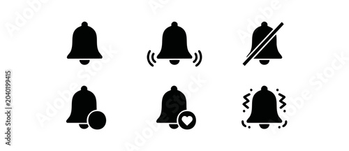 Tableau sur toile Notification Bell Icon Set Vector silhouette pack representing sound alert, silent mute mode, favorite heart, and unread new message badge in clean minimalist UI design for mobile app interface