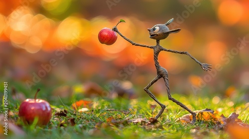 A small, twig-like creature with large eyes holds a red apple with a leaf on a grassy surface. AI.