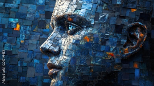 A close-up profile view of a mosaic human face sculpture made of blue and orange textured squares. AI.