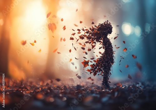 A figure made of leaves stands against a backdrop of glowing autumn light and falling leaves. AI.