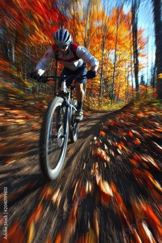 A person rides a bicycle on a path through a forest in autumn, with colorful leaves on the trees and ground. AI.