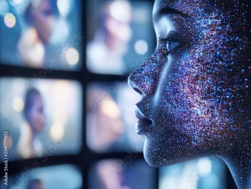 A profile view of a human face covered in shimmering glitter, set against a backdrop of blurred screens displaying digital imagery. AI.