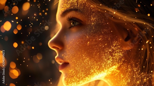 A close-up profile view of a young person's face adorned with golden glitter and illuminated by bokeh lights. AI.
