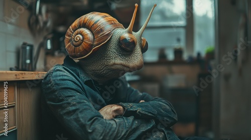 A person with a snail shell on their head and human hands sits with arms crossed in a dimly lit room. AI.