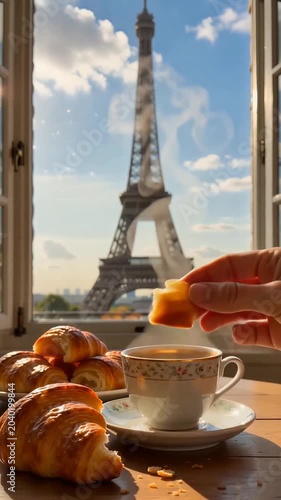 A steaming cup of coffee and flaky pastries on a table in front of a window overlooking the iconic iron lattice tower of a famous Parisian landmark on a sunny day