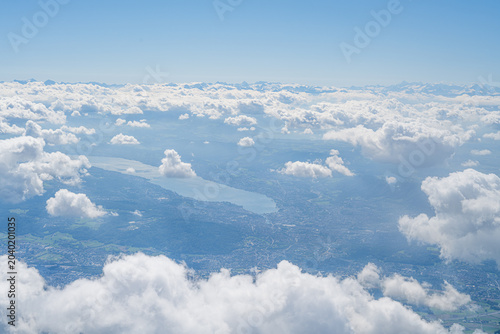 Aerial view zurich city and lake zurich from airplane