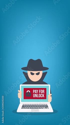 	
Ransomware Cyber Attack Concept – Hacker Demanding Payment to Unlock Laptop, Malware Cybercrime, Data Encryption Extortion, Cybersecurity Threat