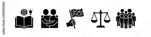 Set of black icons representing social values: education, friendship, human rights, justice, and community. Flat design silhouettes symbolizing equality, support, and humanitarian concepts.