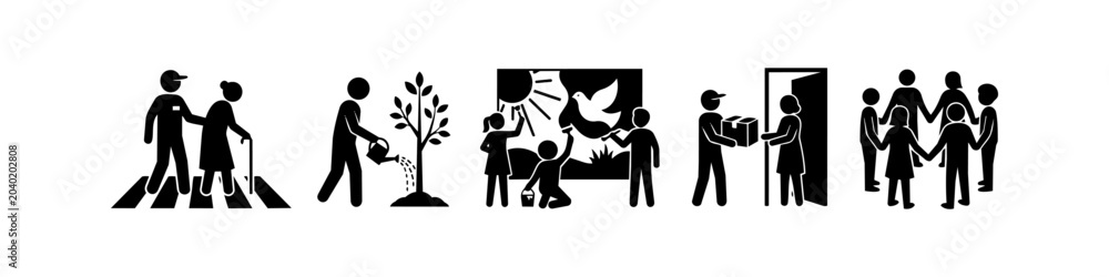 Wall Mural Set of black silhouette icons depicting acts of kindness and community service: helping the elderly, watering plants, painting murals, delivering aid, and people holding hands in unity