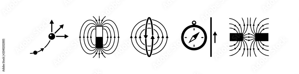 Ταπετσαρία A set of minimalist black and white icons illustrating scientific principles of magnetism, electromagnetism, and magnetic field lines for physics education and research