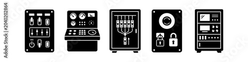 Foto Set of industrial control panel icons and electrical system symbols, featuring switchboards, circuit breakers, monitoring equipment, and security interfaces in a minimalist flat black style