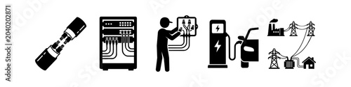 Foto Collection of electrical and power infrastructure icons including cable splicing, an electrician at work, EV charging station, control panels, and a comprehensive power grid diagram