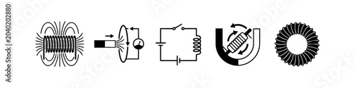 Photos Set of electromagnetism physics icons featuring solenoid coils, induction diagrams, electrical circuits, and toroidal inductors
