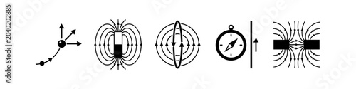Canvas Print A set of minimalist black and white icons illustrating scientific principles of magnetism, electromagnetism, and magnetic field lines for physics education and research