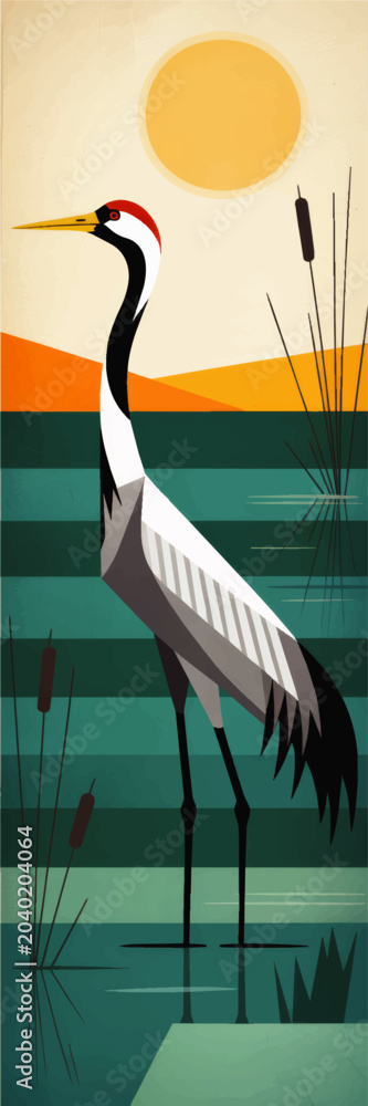 Obraz premium Elegant red crowned crane illustration in sunset wetland, minimalist geometric bird art in teal lake with reeds and warm horizon