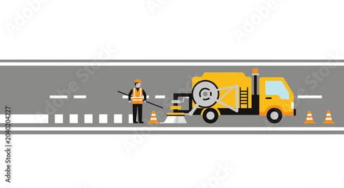 Tableau sur toile Street cleaning worker with sweeper truck on road, city maintenance concept