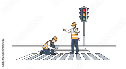 Schilderij op canvas Construction workers painting crosswalk lines with traffic light supervision